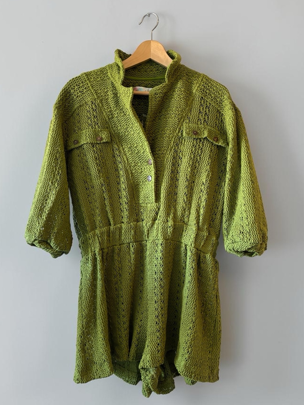 Free People Beach Ryan Knit Crochet Romper One Piece Olive Green Size Medium - Picture 2 of 7